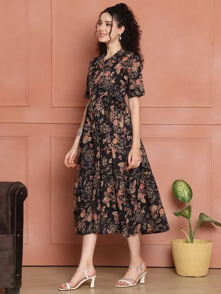 Women’s Cotton Floral Print A-Line Midi Dress | Short Sleeve Flared Gown Dress