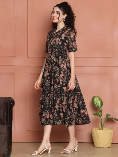 Women’s Cotton Floral Print A-Line Midi Dress | Short Sleeve Flared Gown Dress